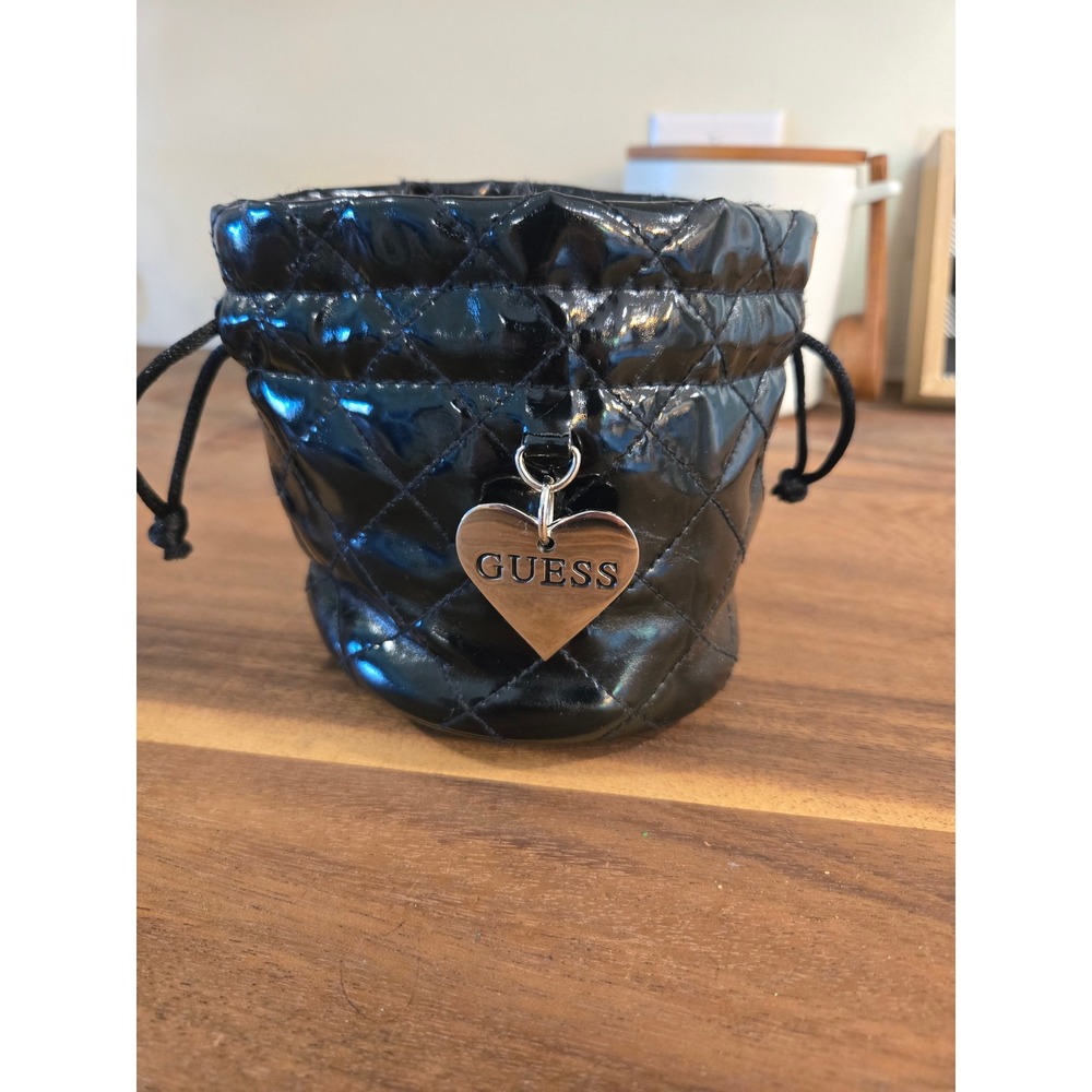 Guess Black Quilted Patent Faux Leather Drawstring Pouch Heart Charm Bag